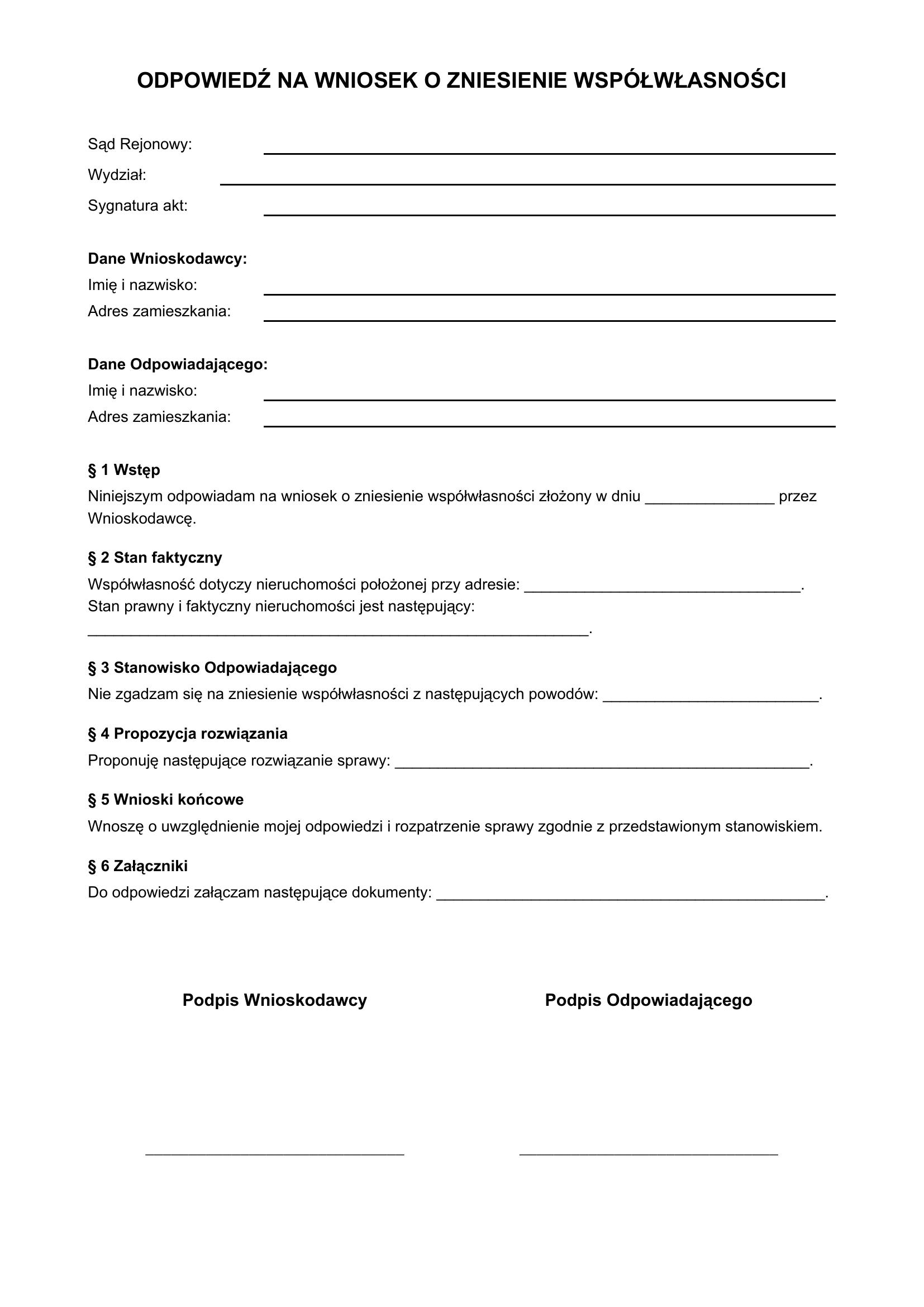 Odpowiedź Na Wniosek O Zniesienie Współwłasności Wzór