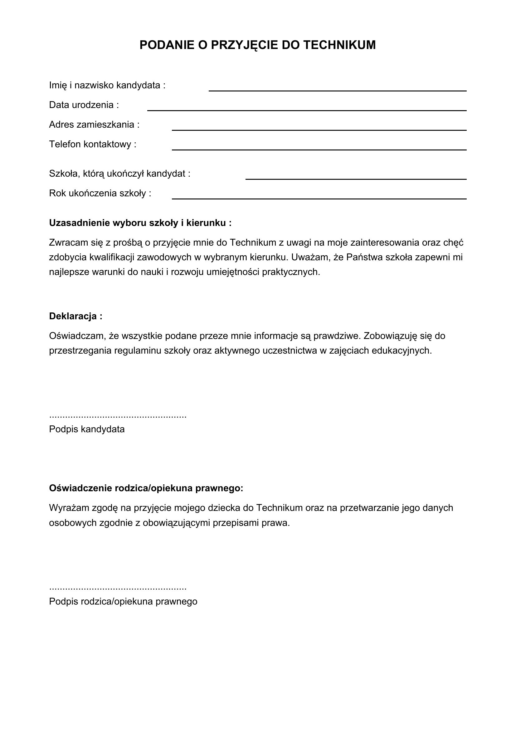 Podanie O Przyjęcie Do Technikum
