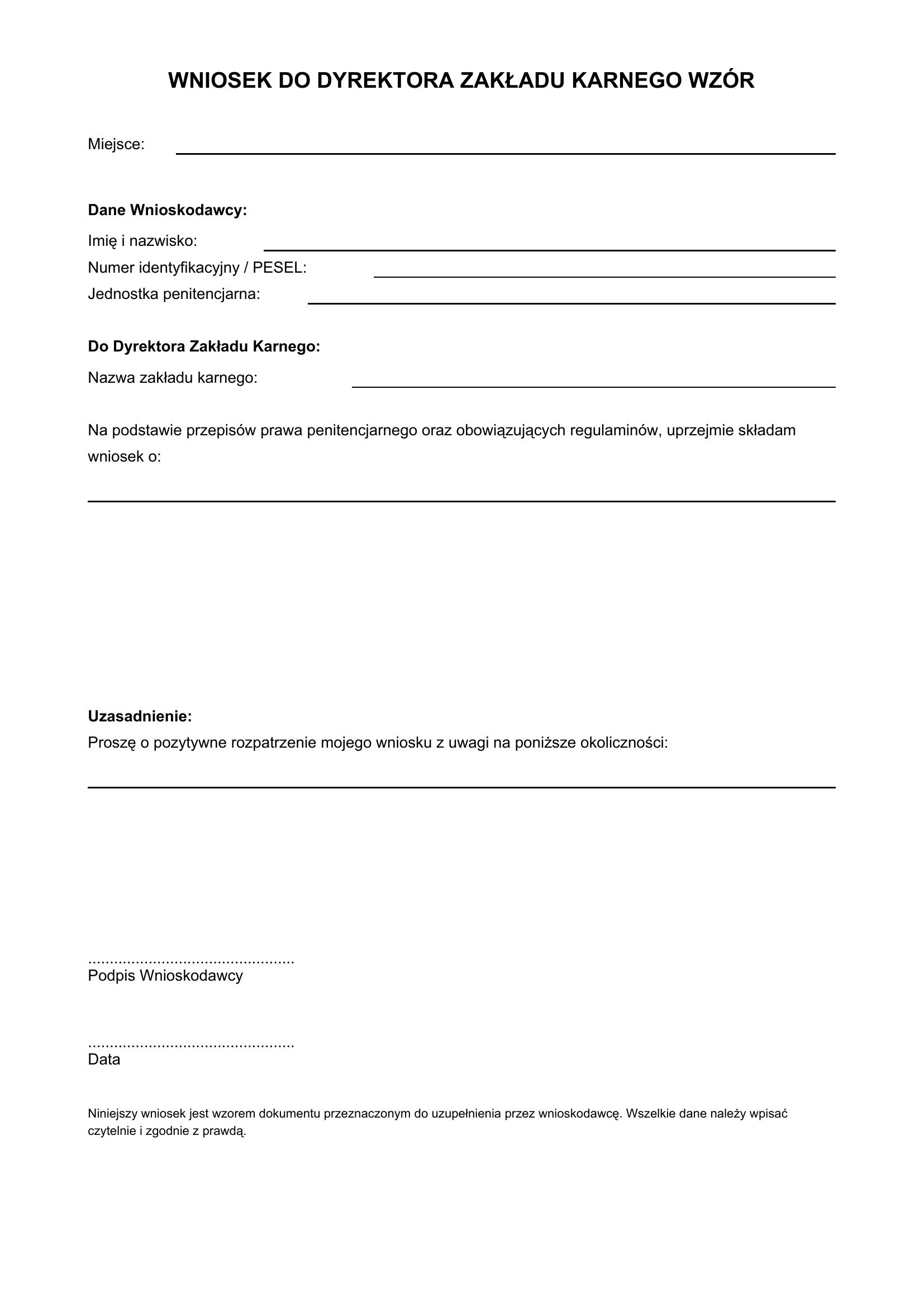 Wniosek Do Dyrektora Zakładu Karnego Wzór