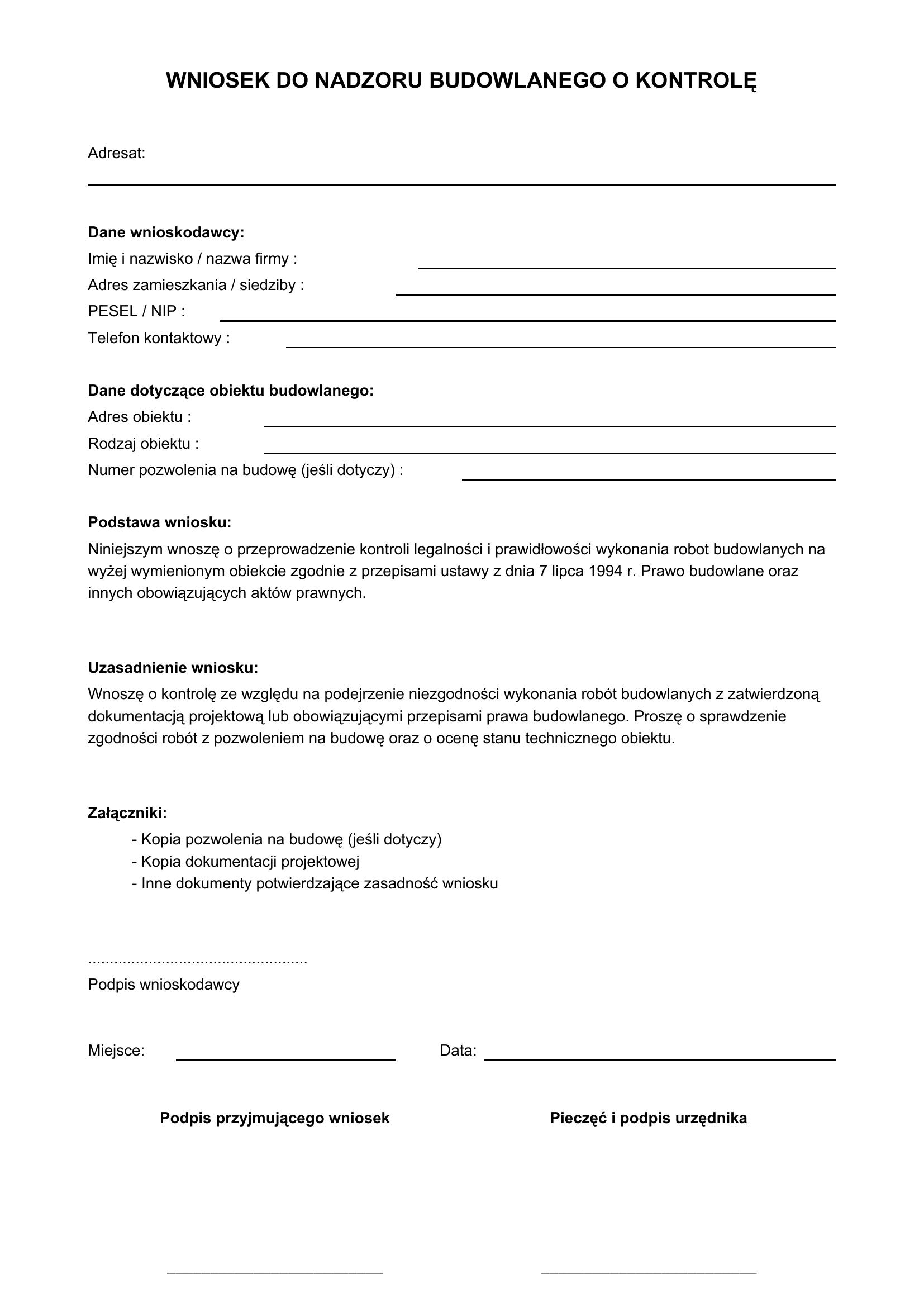 Wniosek Do Nadzoru Budowlanego O Kontrolę