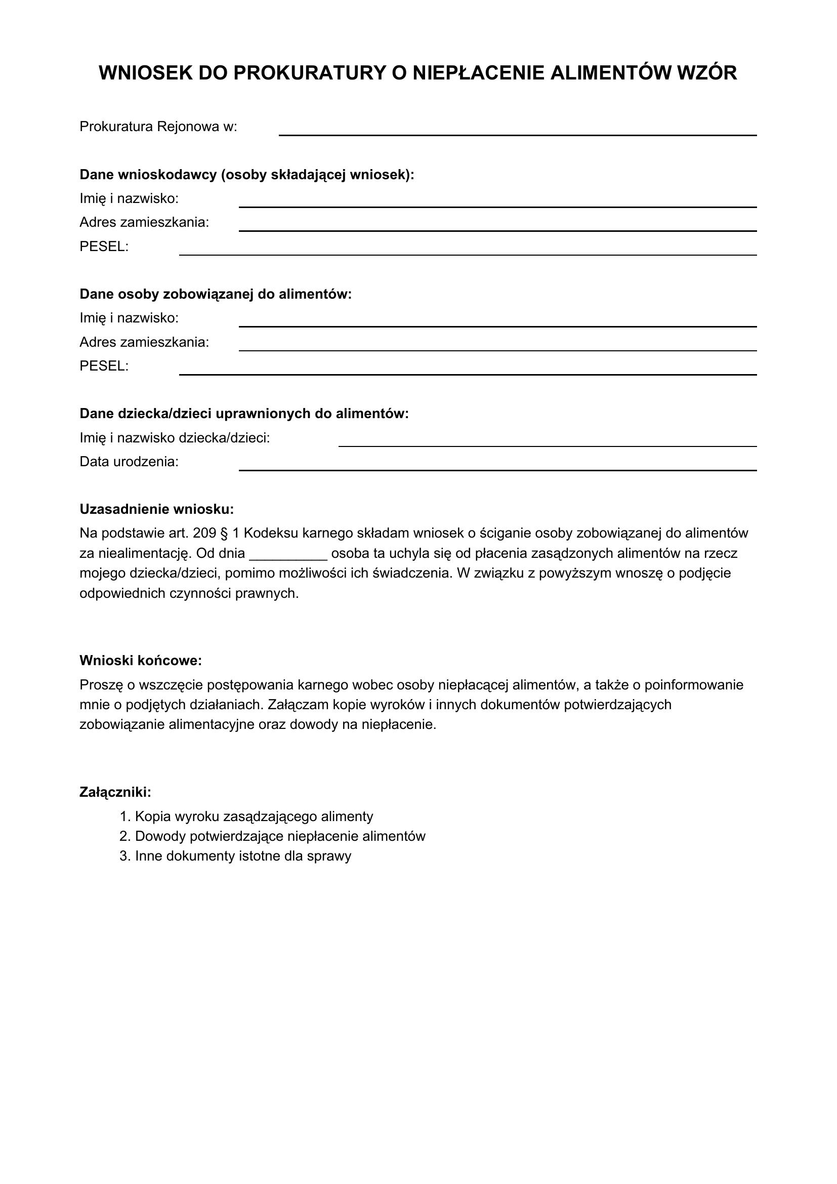 Wniosek Do Prokuratury O Niepłacenie Alimentów Wzór