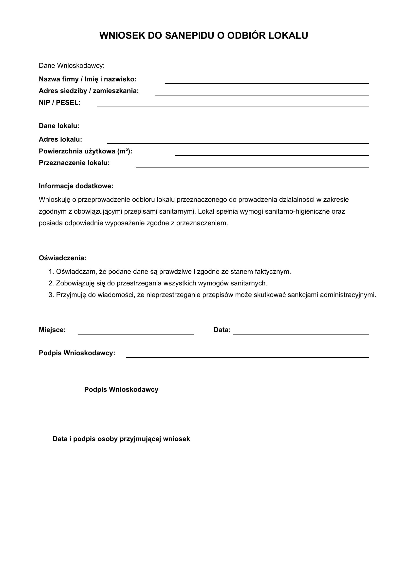 Wniosek Do Sanepidu O Odbiór Lokalu Wzór