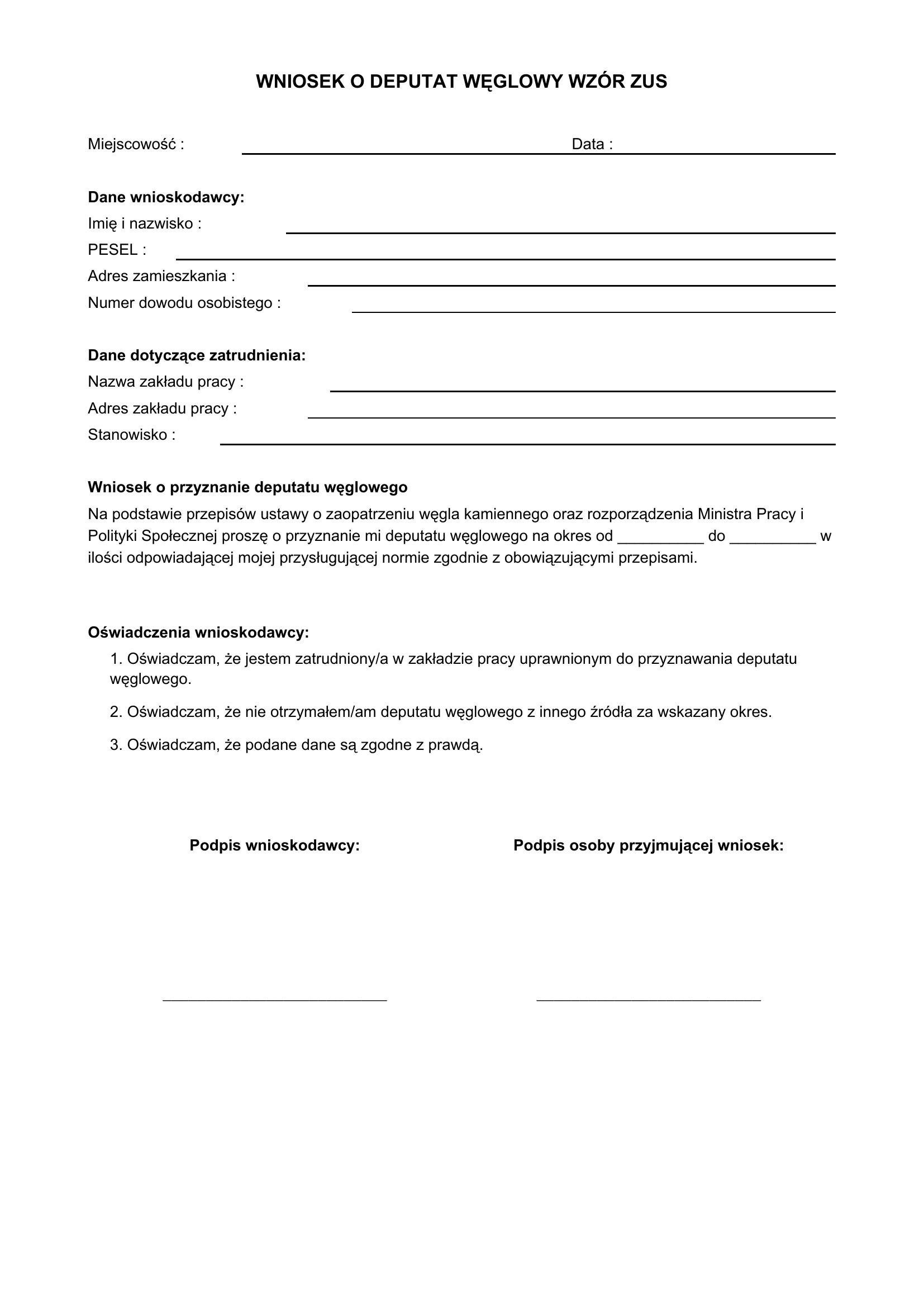 Wniosek O Deputat Węglowy Wzór Zus