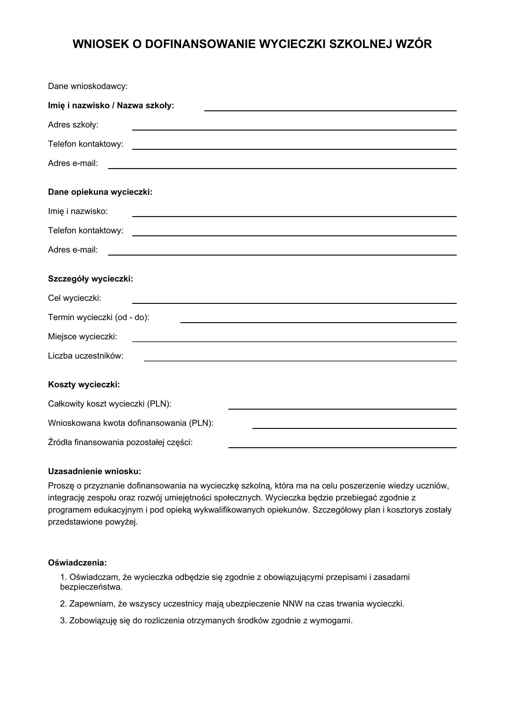 Wniosek O Dofinansowanie Wycieczki Szkolnej Wzór