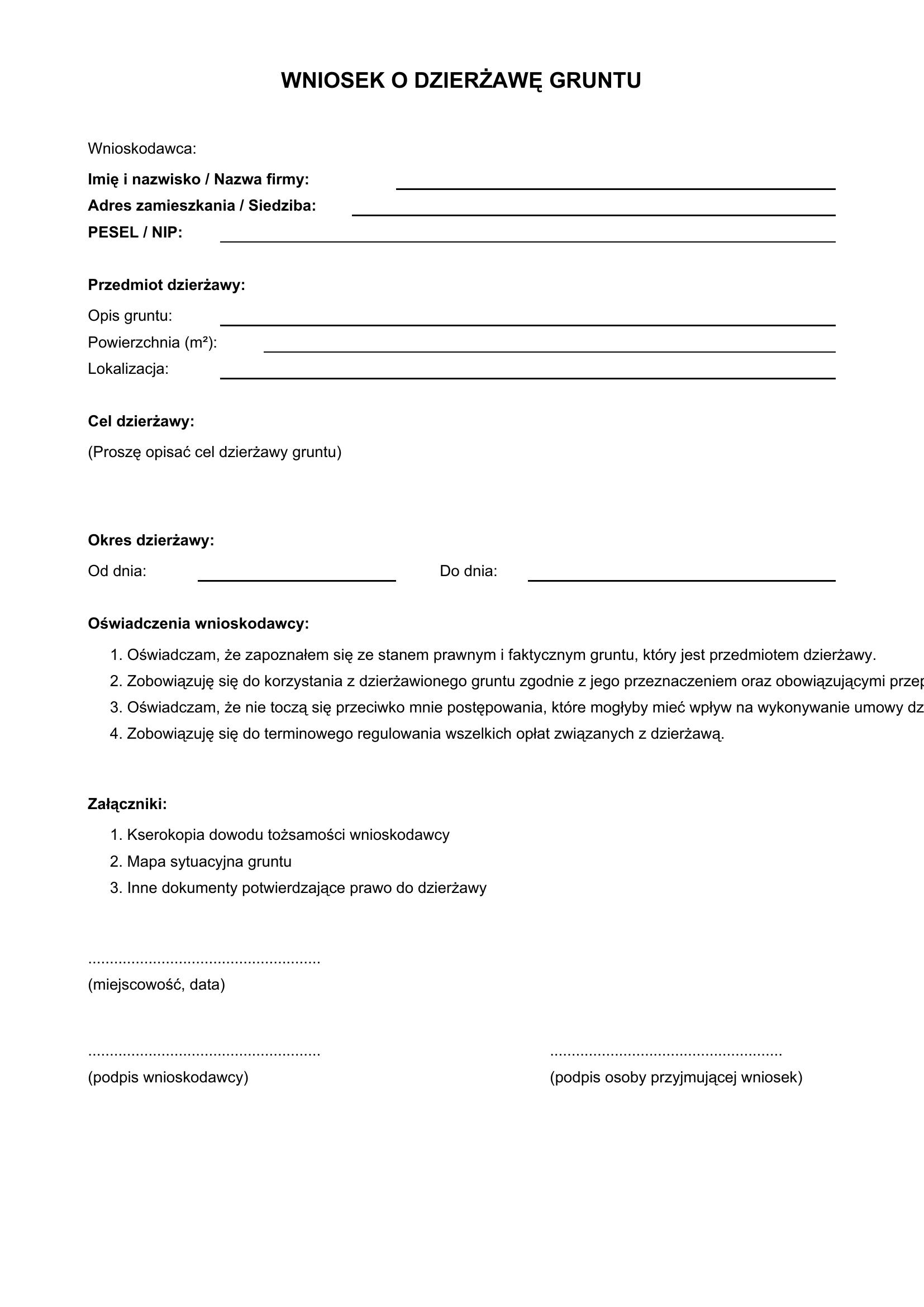 Wniosek O Dzierżawę Gruntu - Wzór