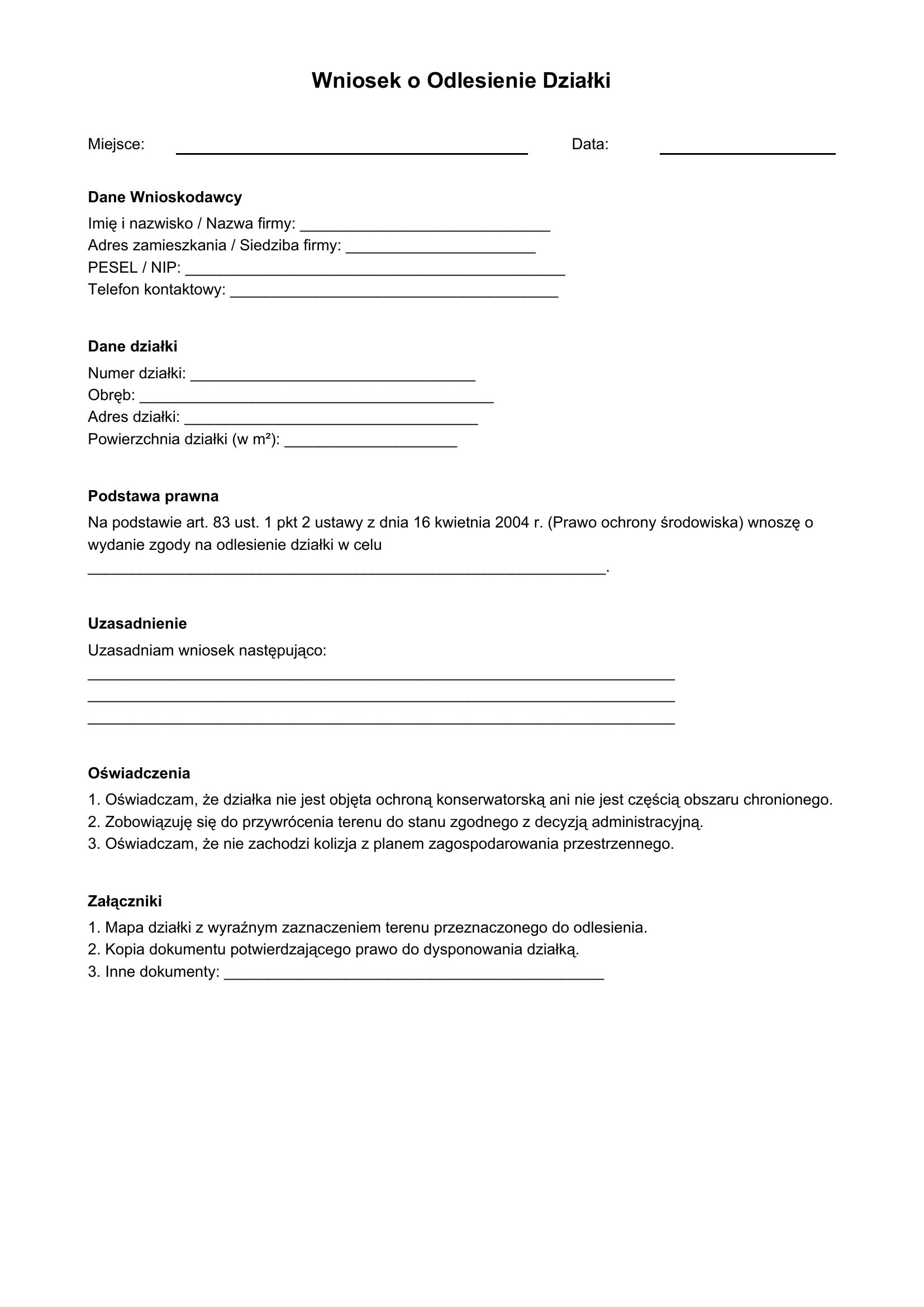 Wniosek O Odlesienie Działki Wzór