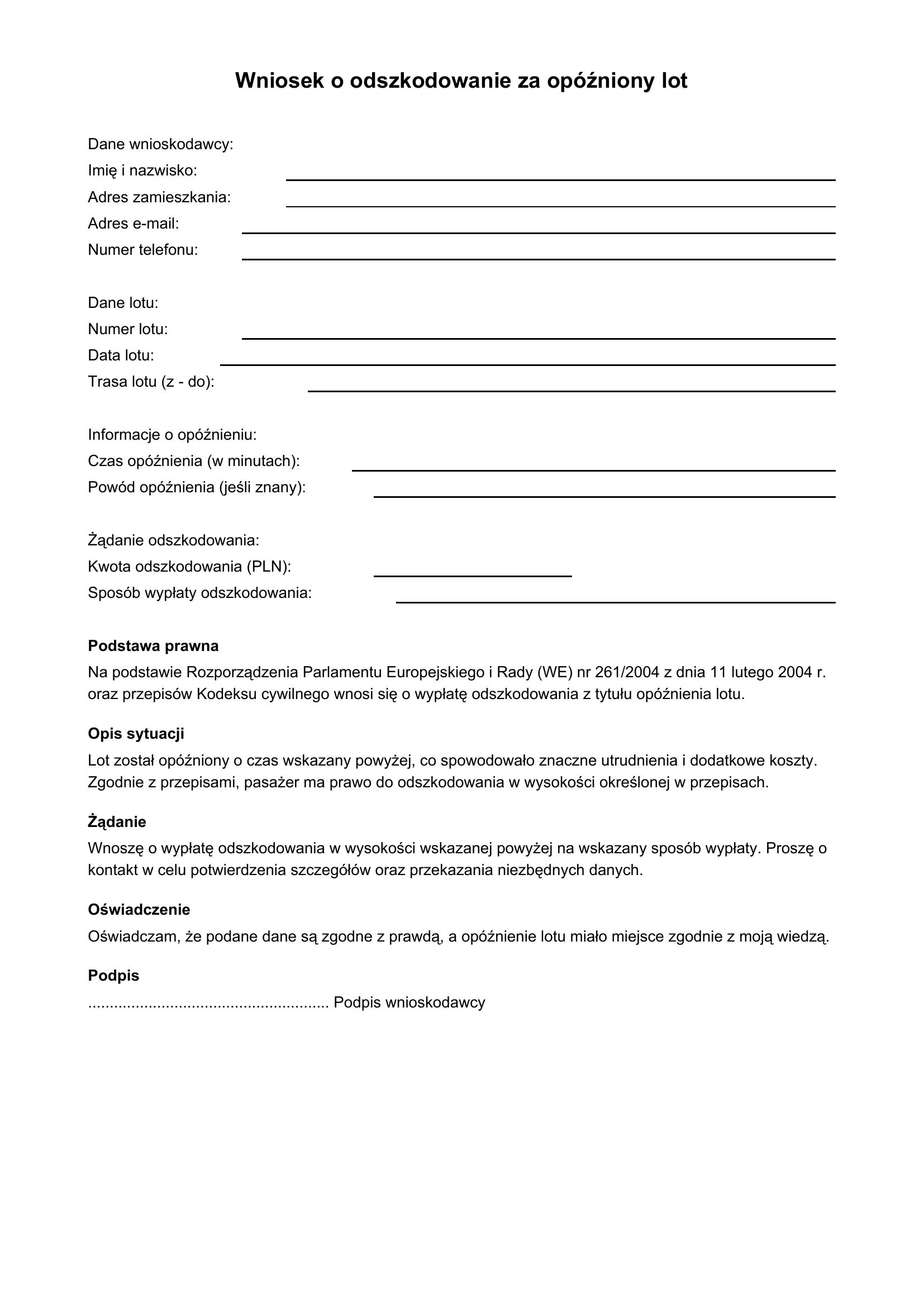 Wniosek O Odszkodowanie Za Opóźniony Lot Wzór