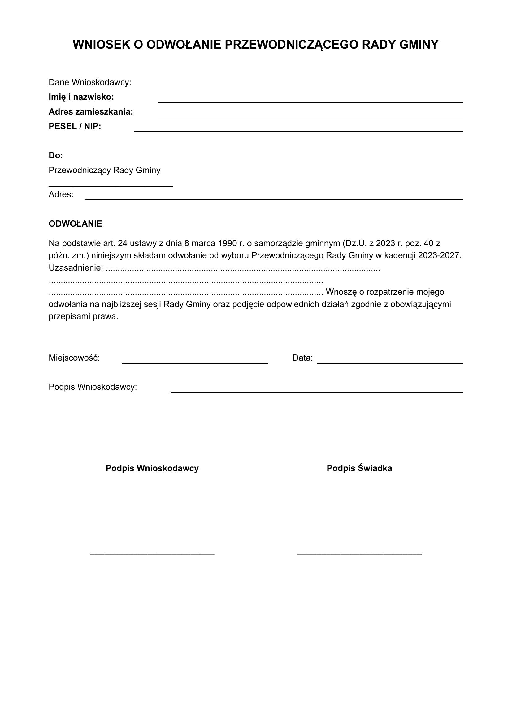 Wniosek O Odwołanie Przewodniczącego Rady Gminy Wzór