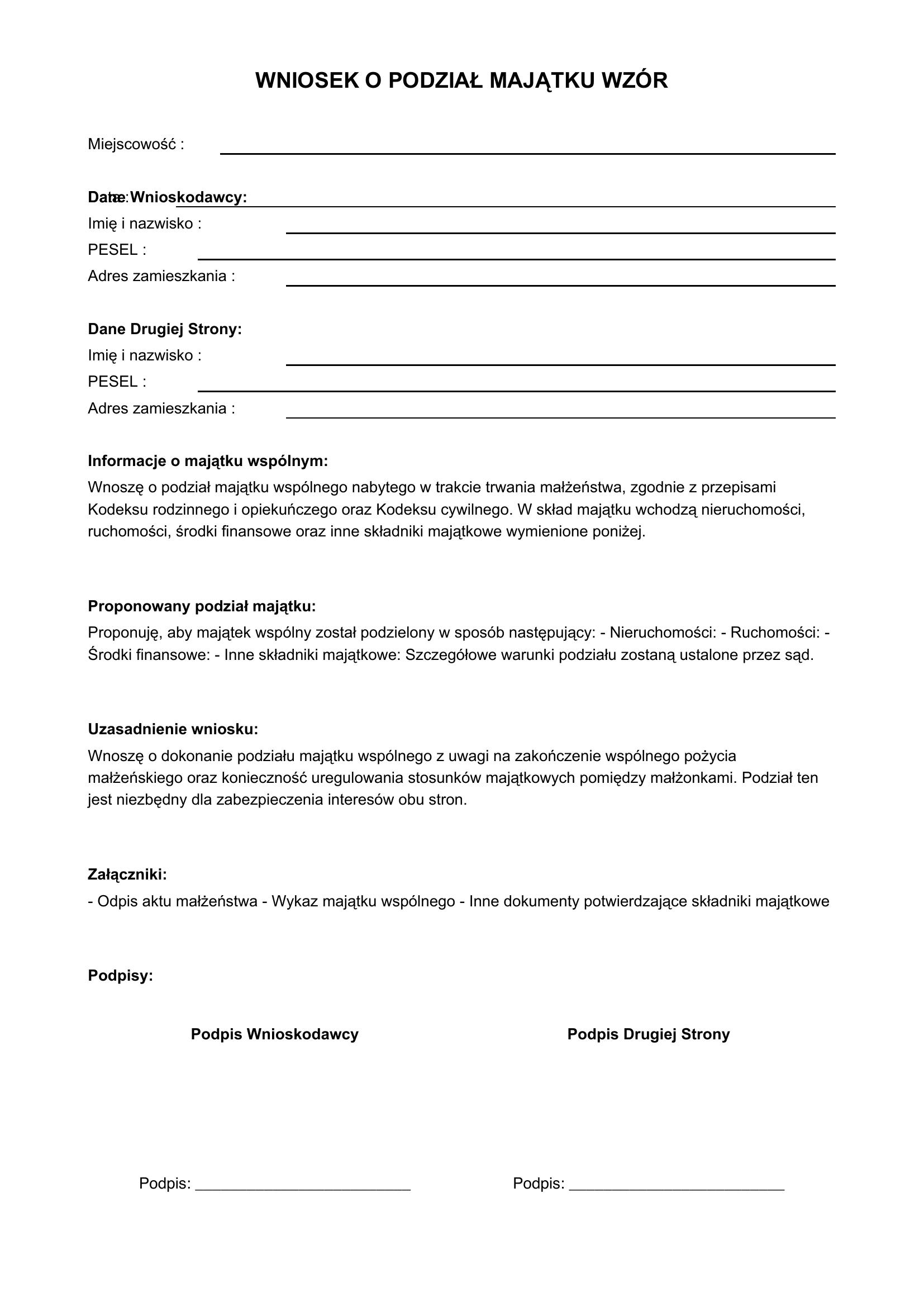 Wniosek O Podział Majątku Wzór