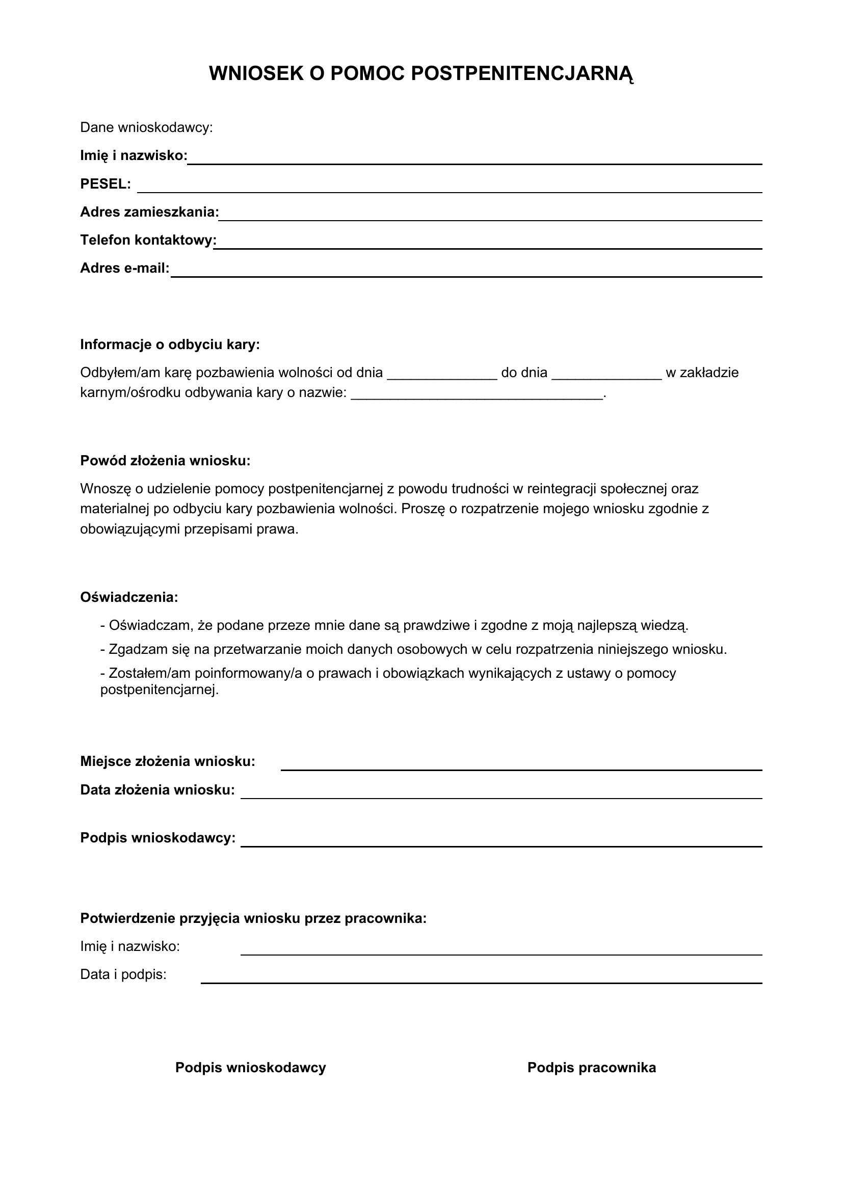 Wniosek O Pomoc Postpenitencjarna Wzór