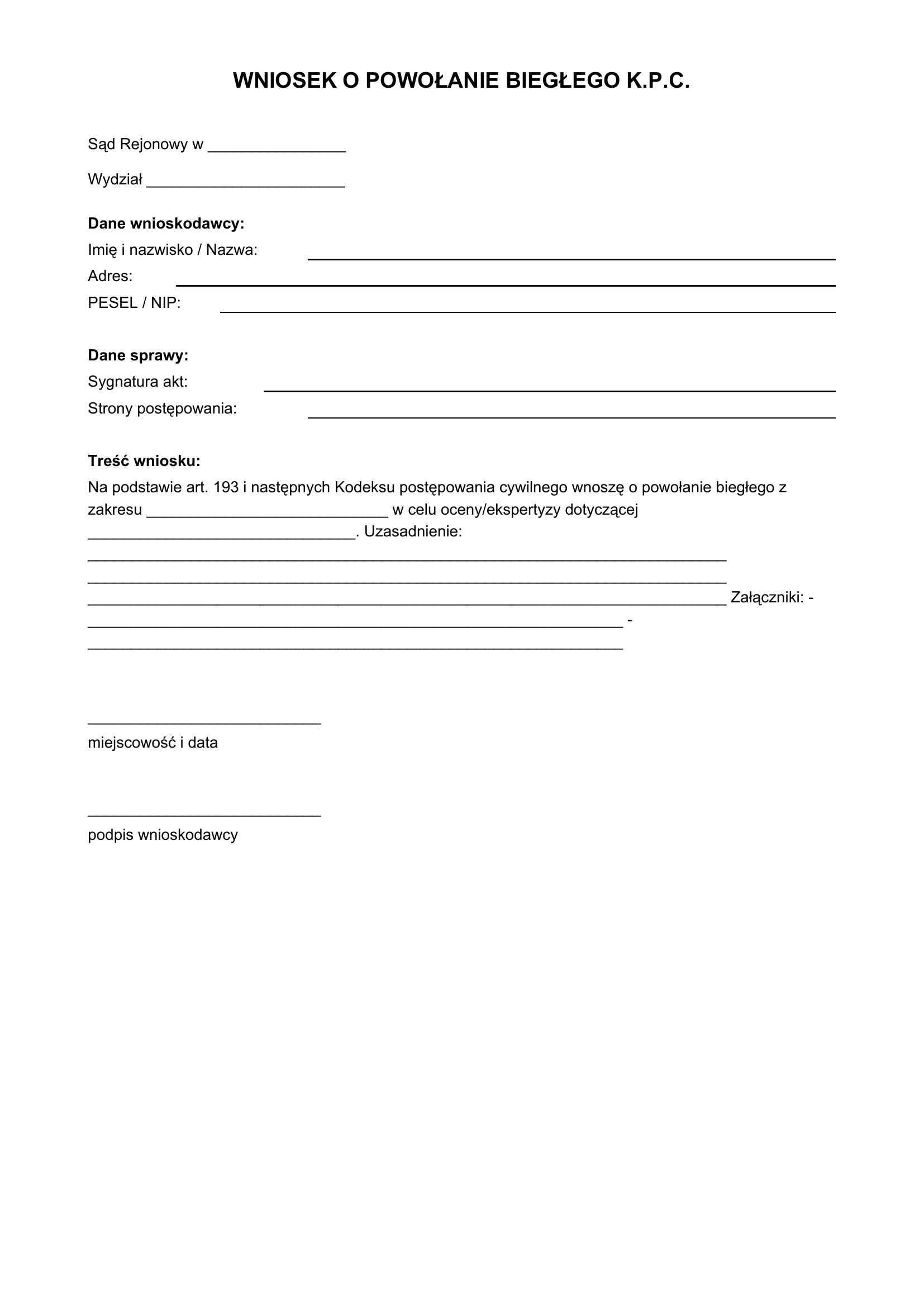 Wniosek O Powołanie Biegłego K.P.C. Wzór