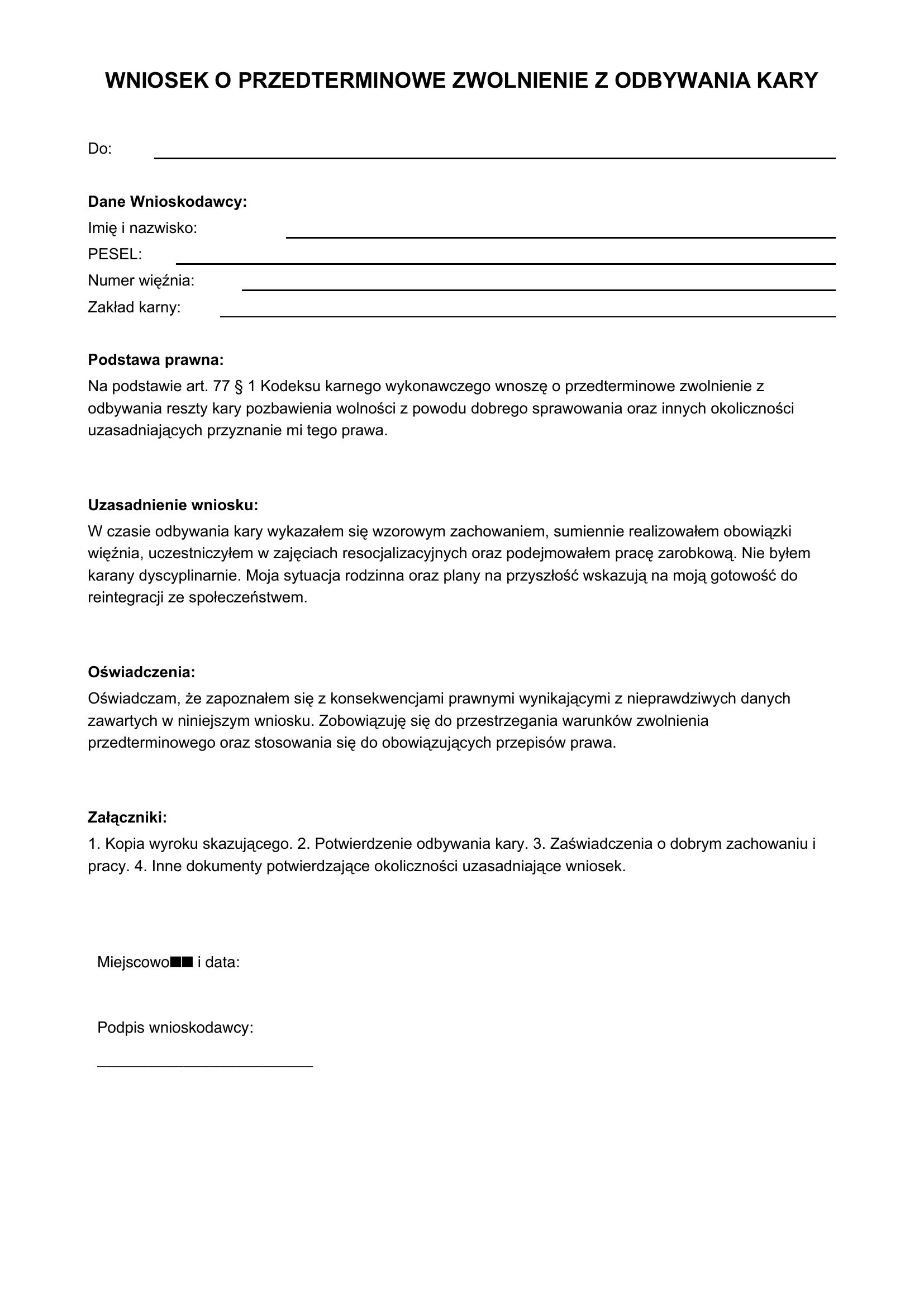 Wniosek O Przedterminowe Zwolnienie Wzór