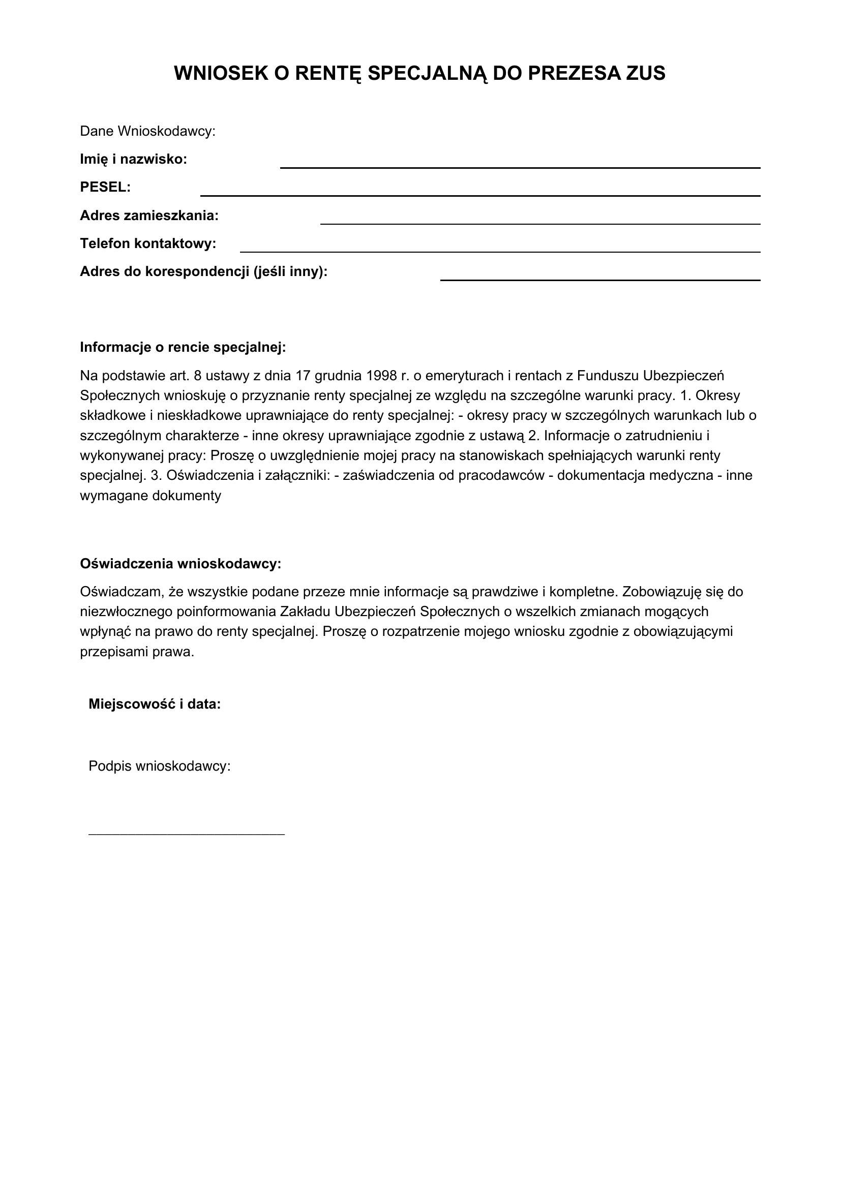 Wniosek O Rentę Specjalną Do Prezesa Zus Wzór