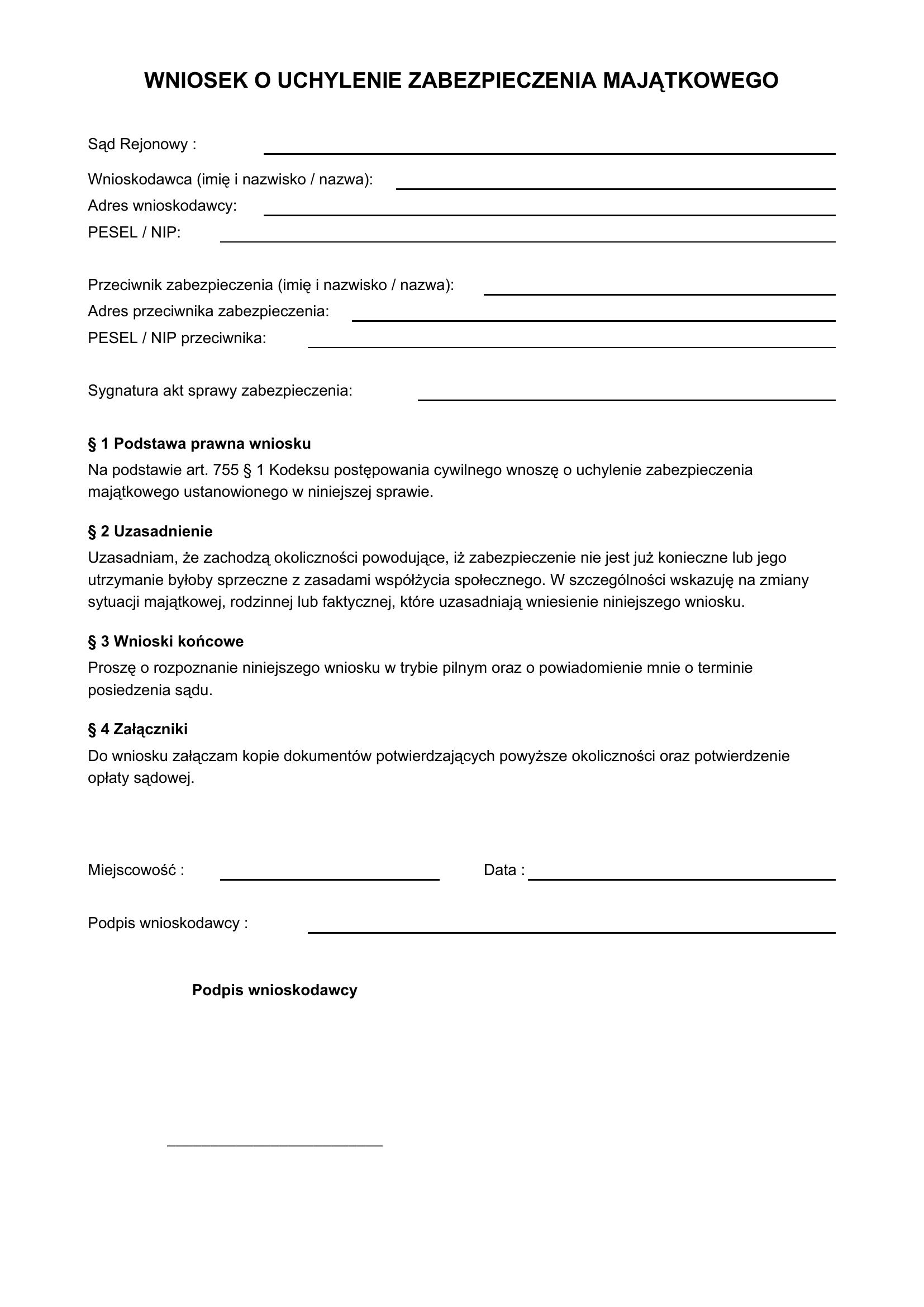 Wniosek O Uchylenie Zabezpieczenia Majątkowego Wzór