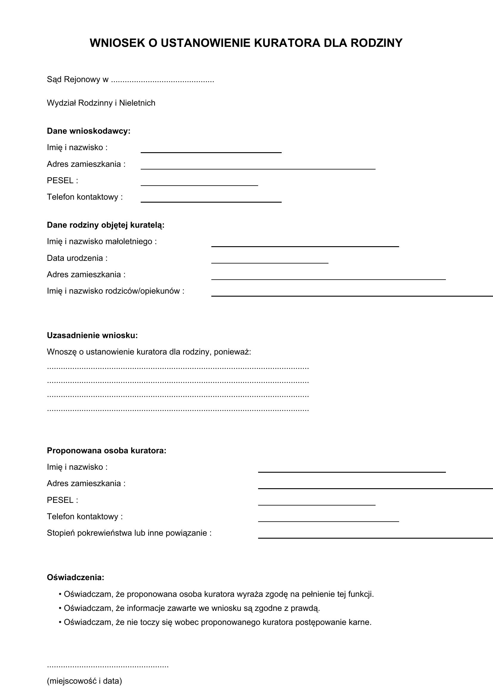 Wniosek O Ustanowienie Kuratora Dla Rodziny Wzór