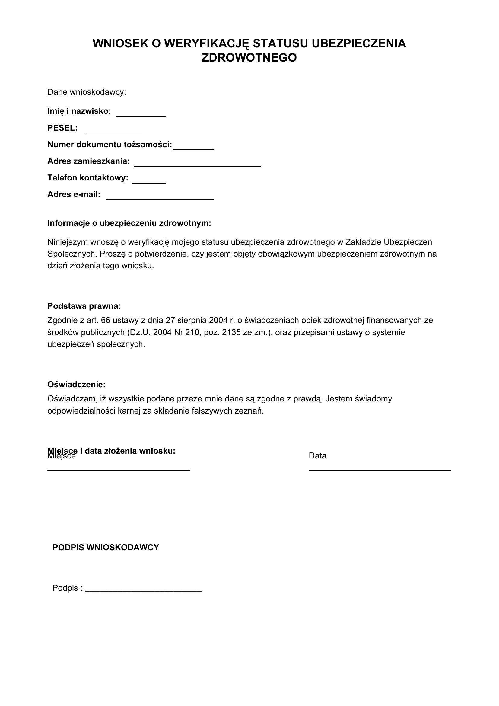 Wniosek O Weryfikację Statusu Ubezpieczenia Zdrowotnego Wzór