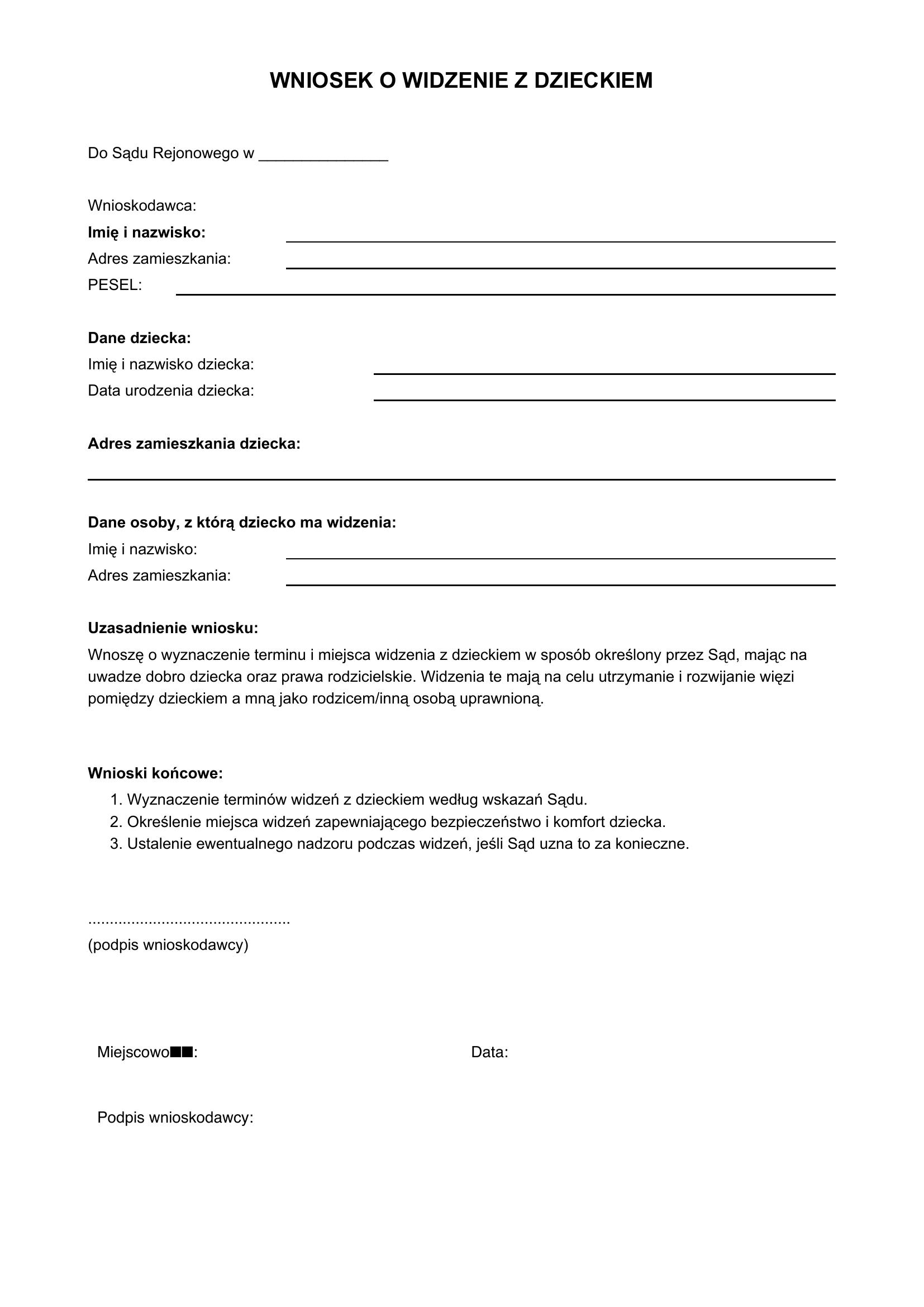 Wniosek O Widzenia Z Dzieckiem Wzór