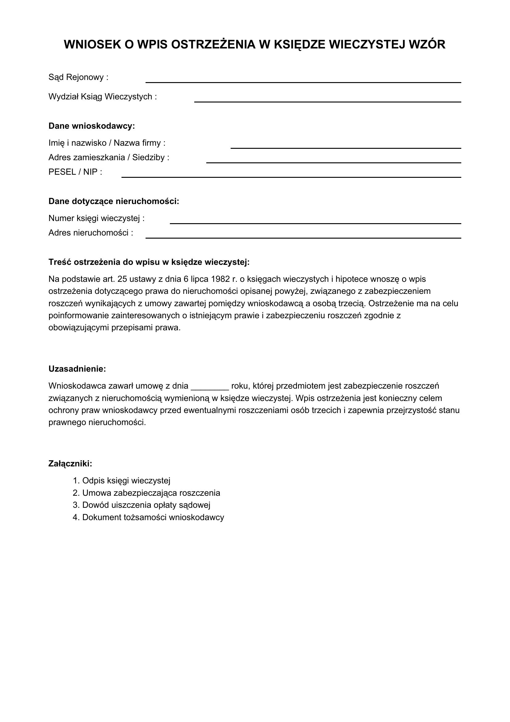Wniosek O Wpis Ostrzeżenia W Księdze Wieczystej Wzór
