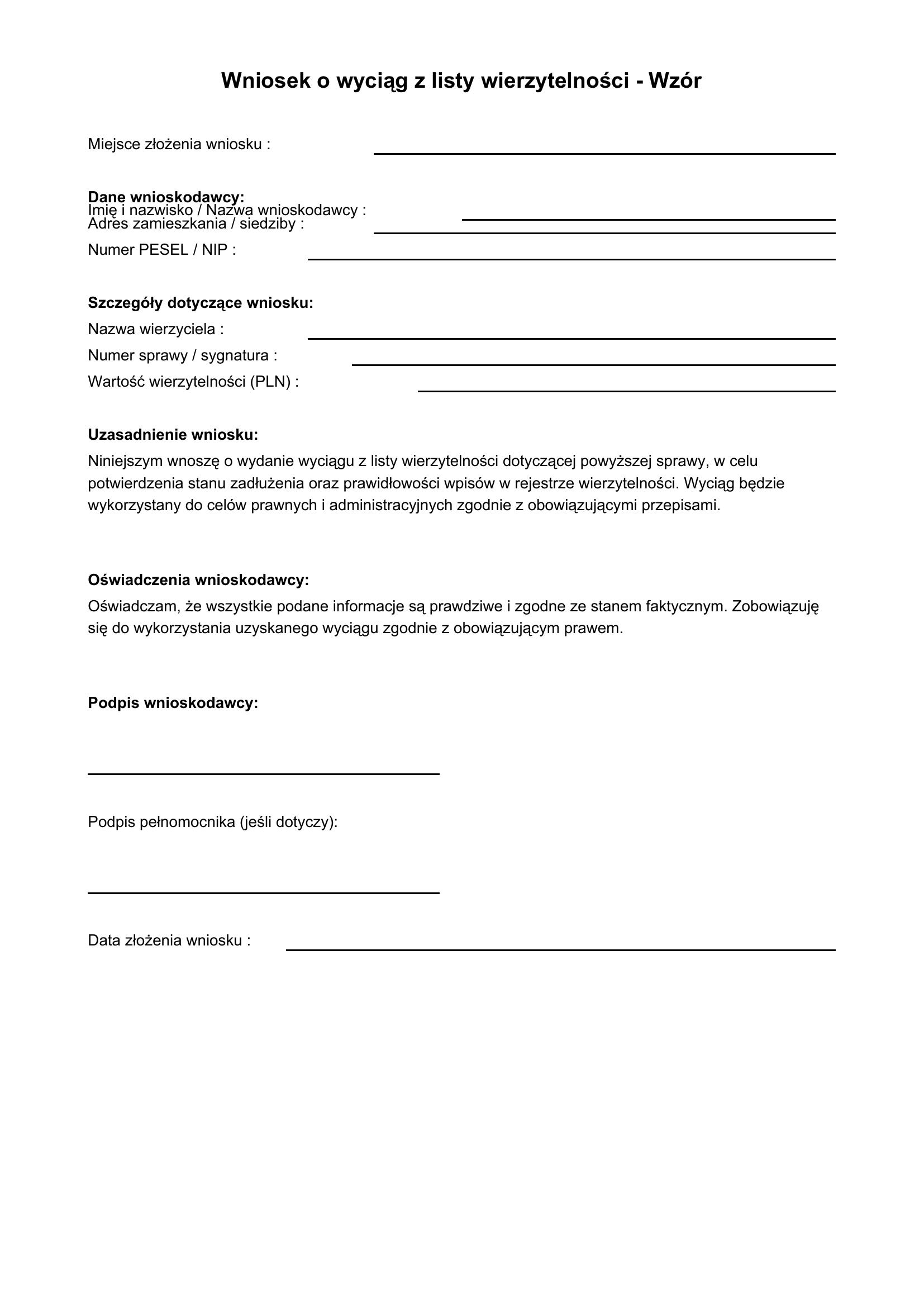 Wniosek O Wyciąg Z Listy Wierzytelności Wzór