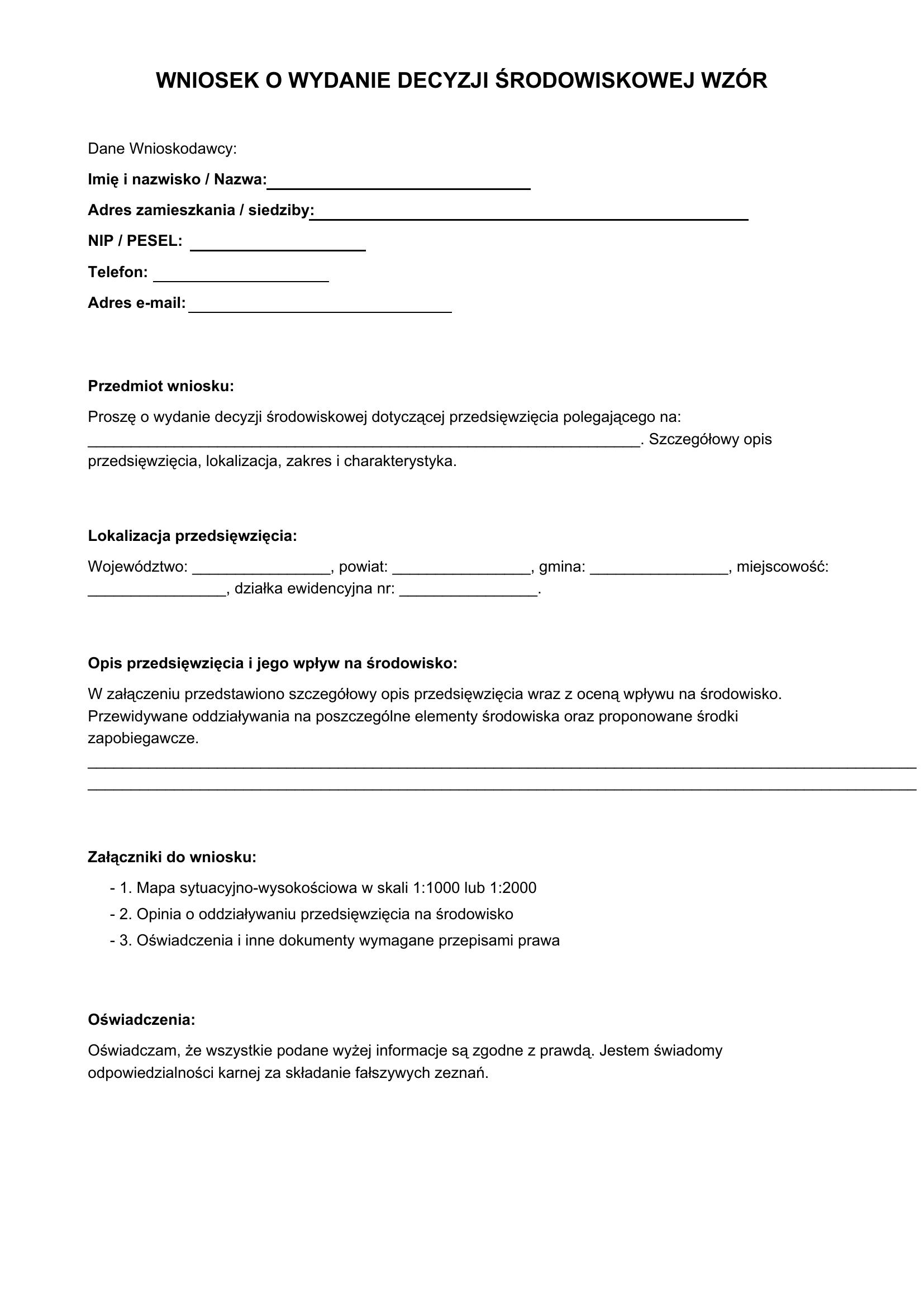 Wniosek O Wydanie Decyzji Środowiskowej Wzór
