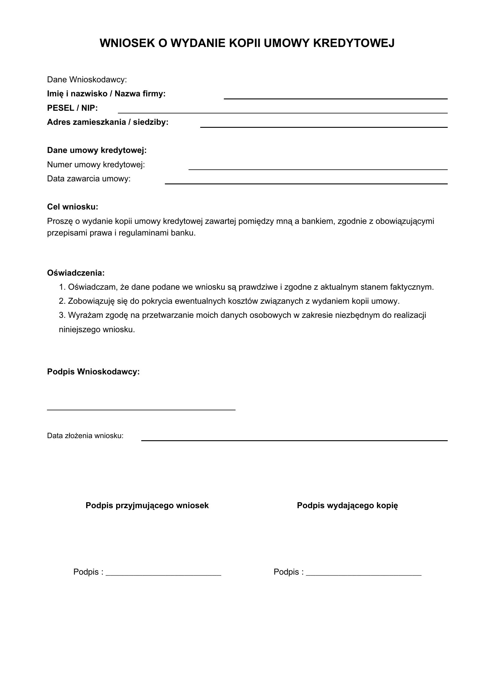 Wniosek O Wydanie Kopii Umowy Kredytowej Wzór