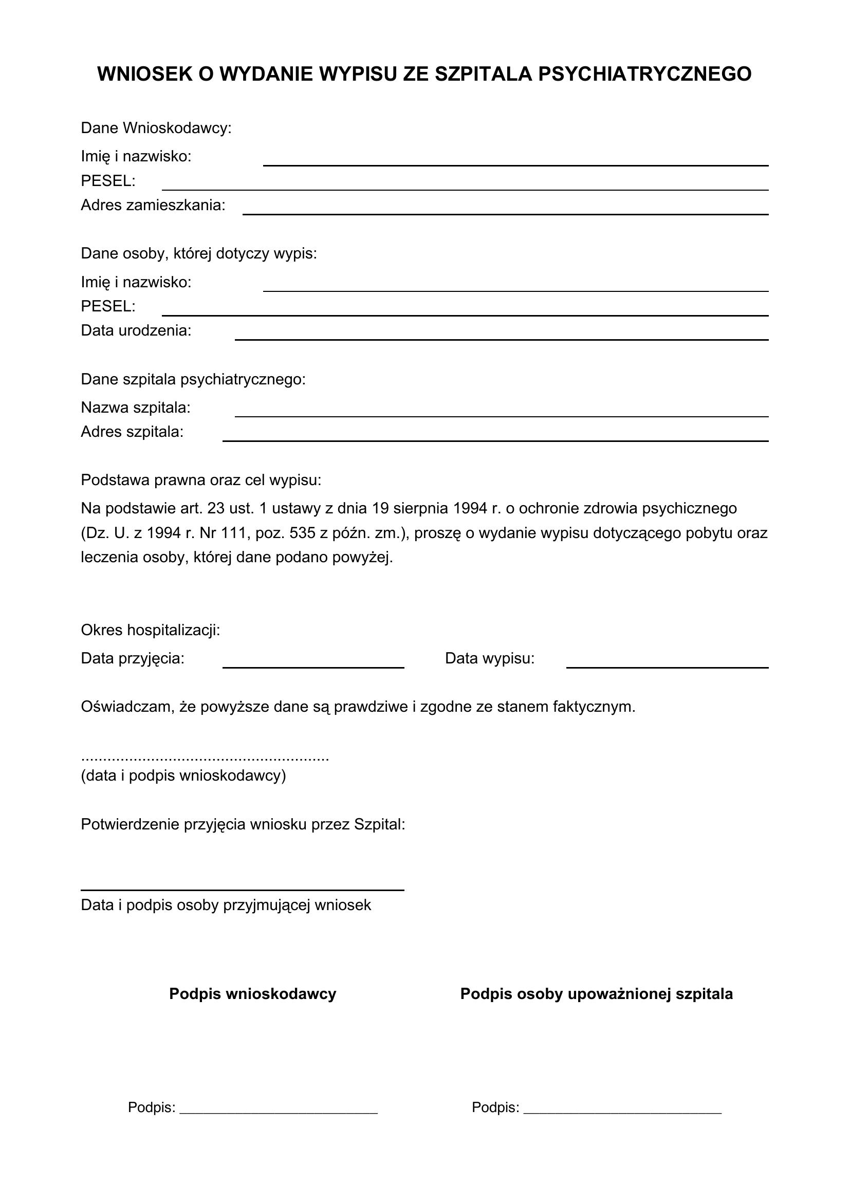 Wniosek O Wypis Ze Szpitala Psychiatrycznego Wzór