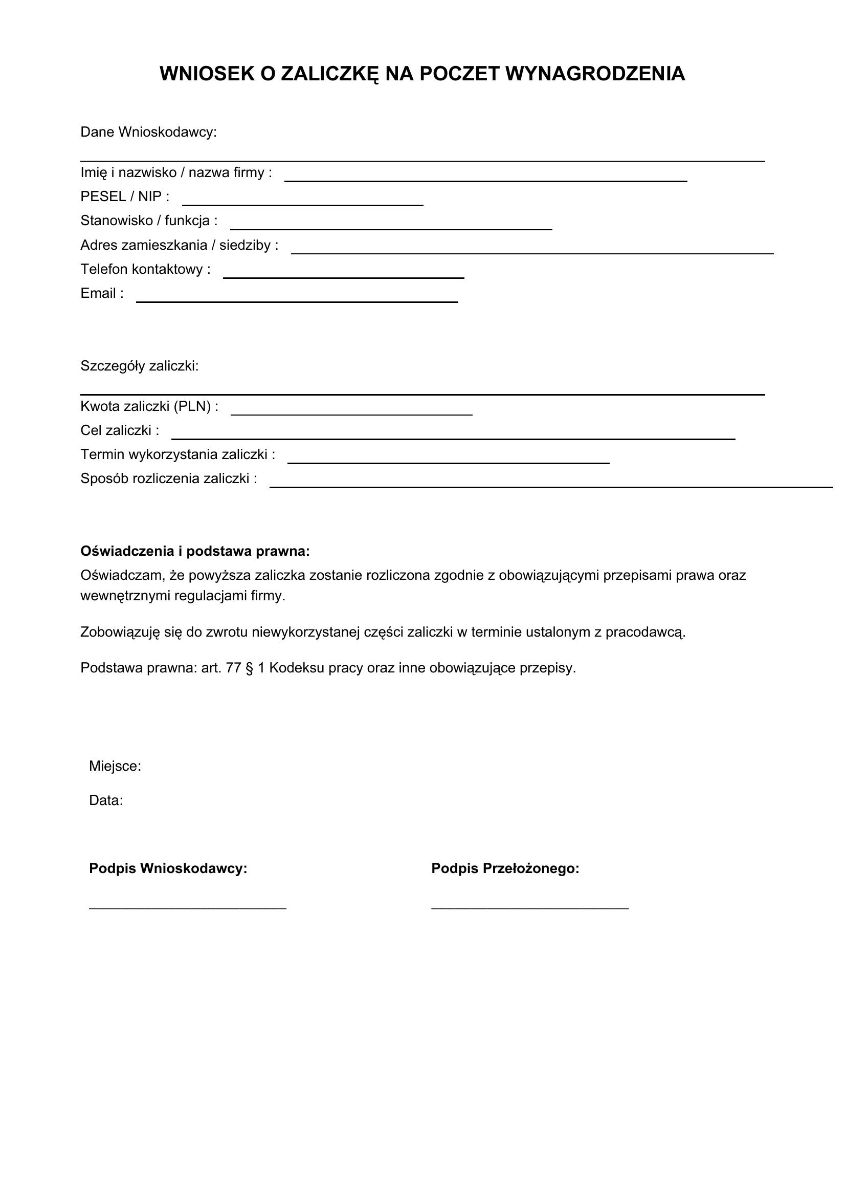 Wniosek O Zaliczkę Na Poczet Wynagrodzenia