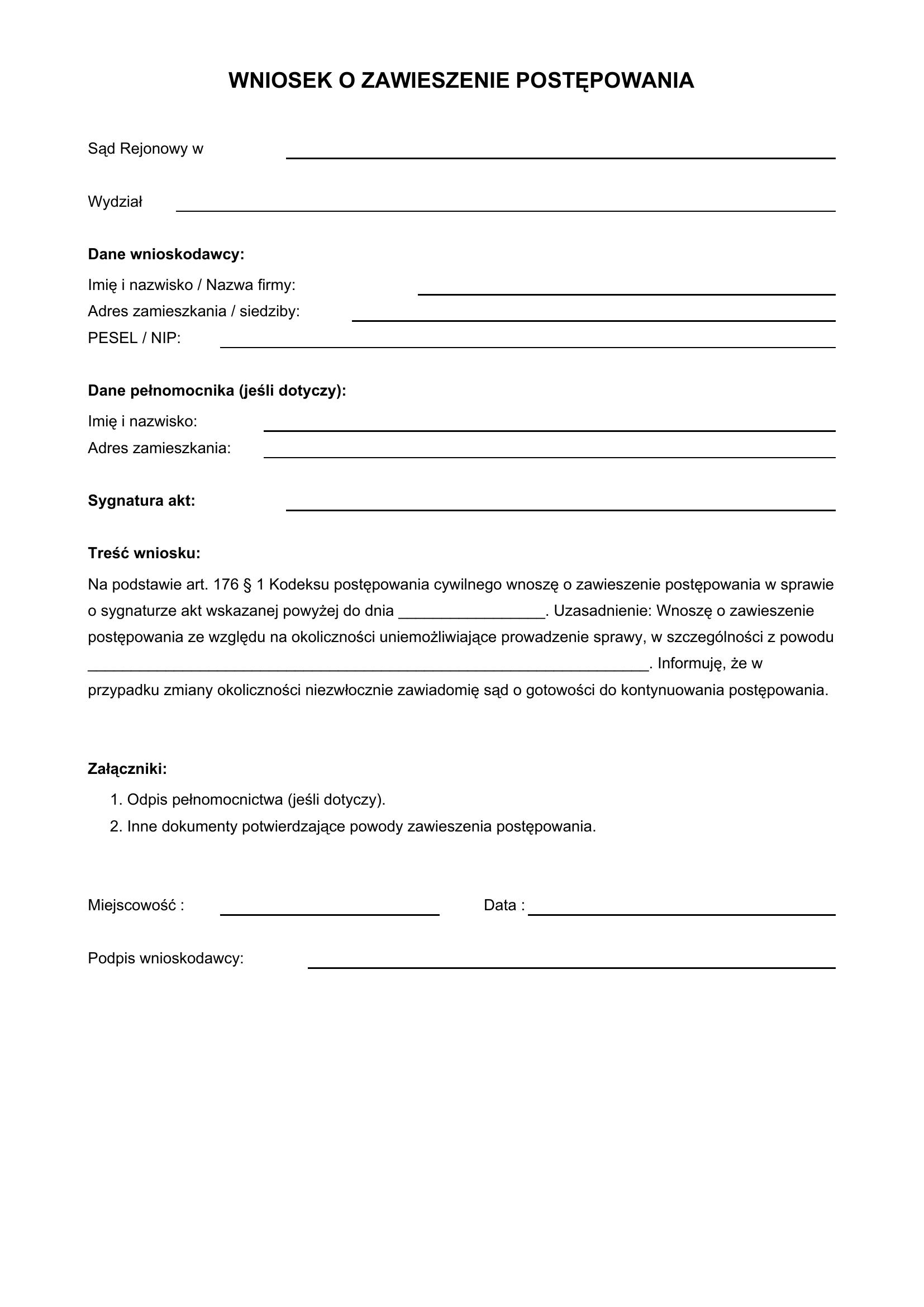 Wniosek O Zawieszenie Postępowania Wzór
