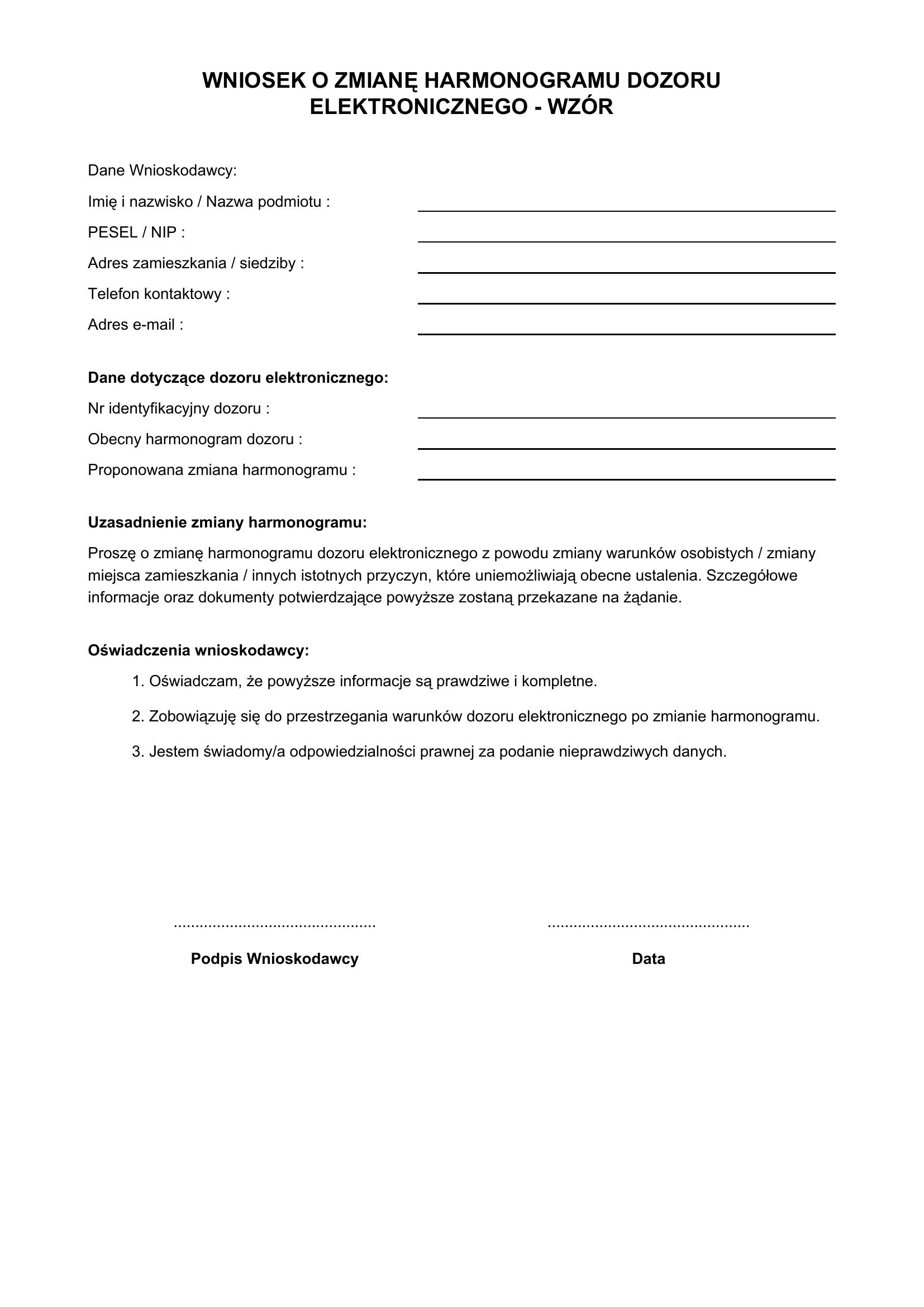Wniosek O Zmianę Harmonogramu Dozoru Elektronicznego Wzór