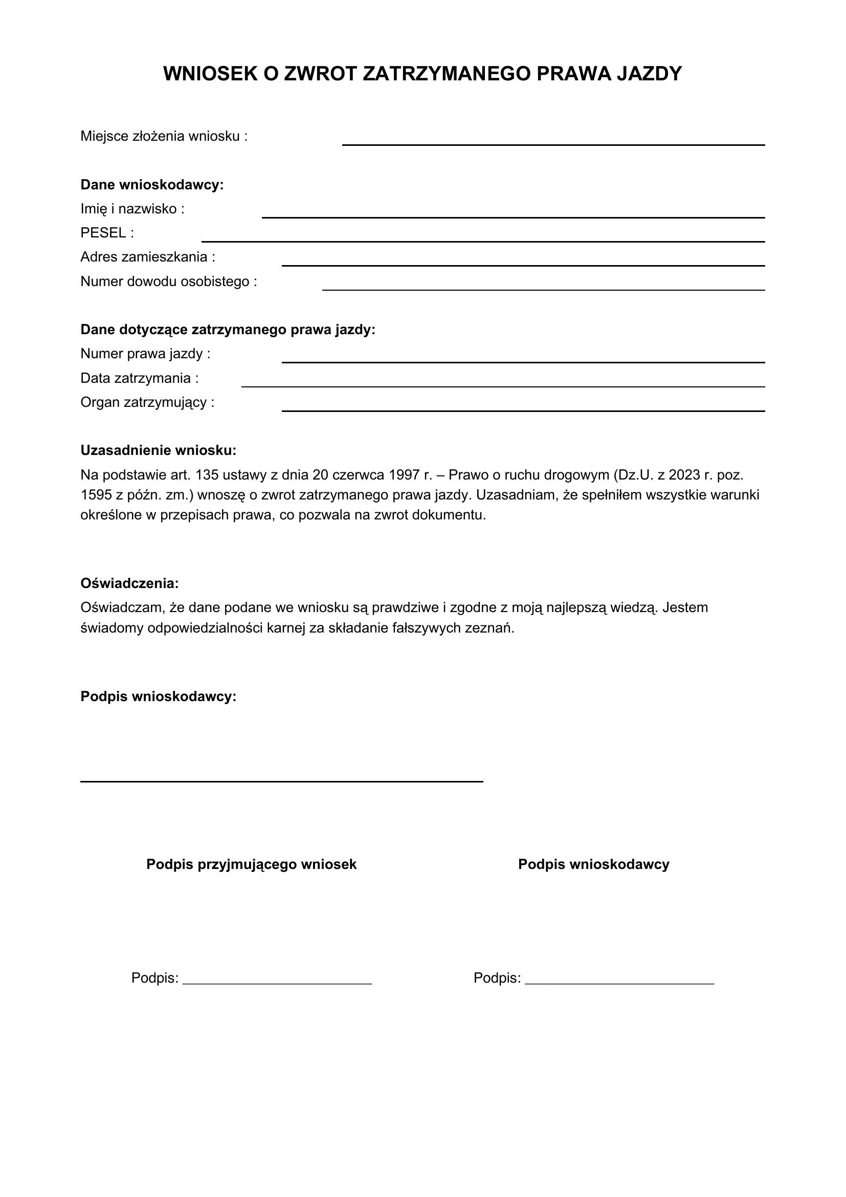 Wniosek O Zwrot Zatrzymanego Prawa Jazdy Wzór