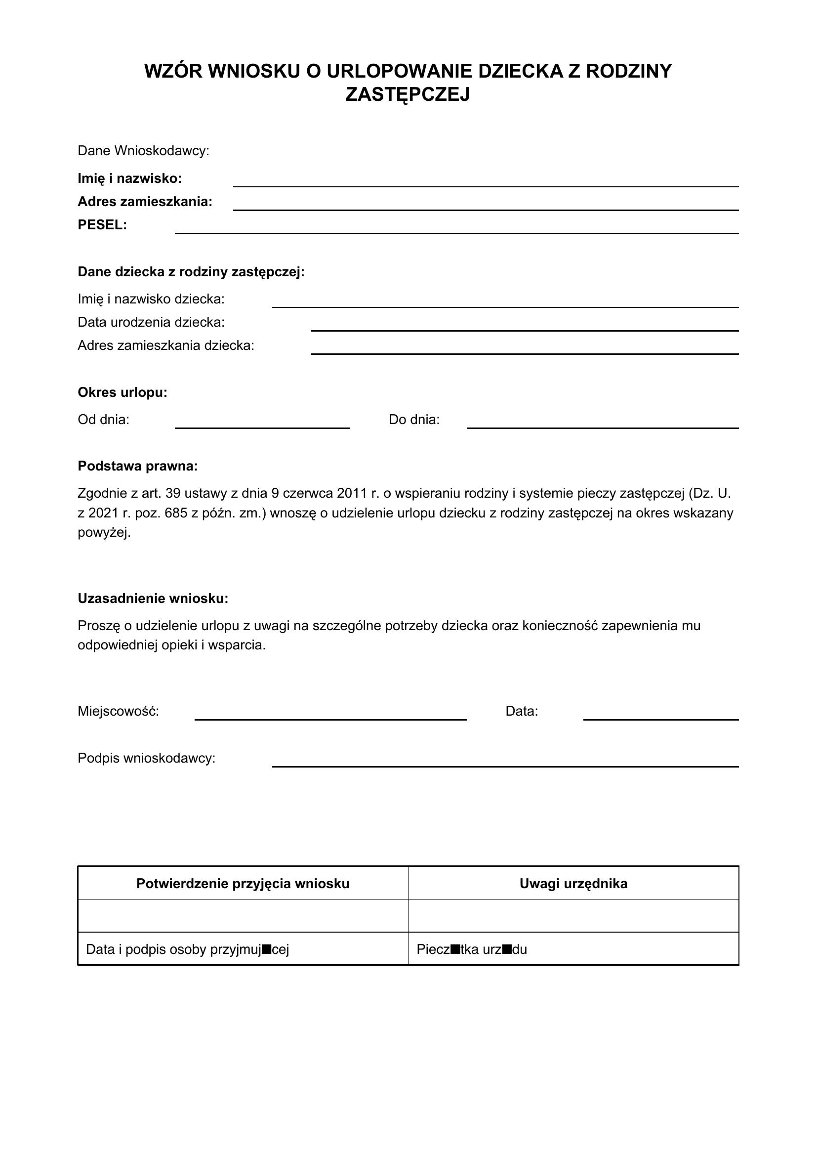 Wzór Wniosku O Urlopowanie Dziecka Z Rodziny Zastępczej